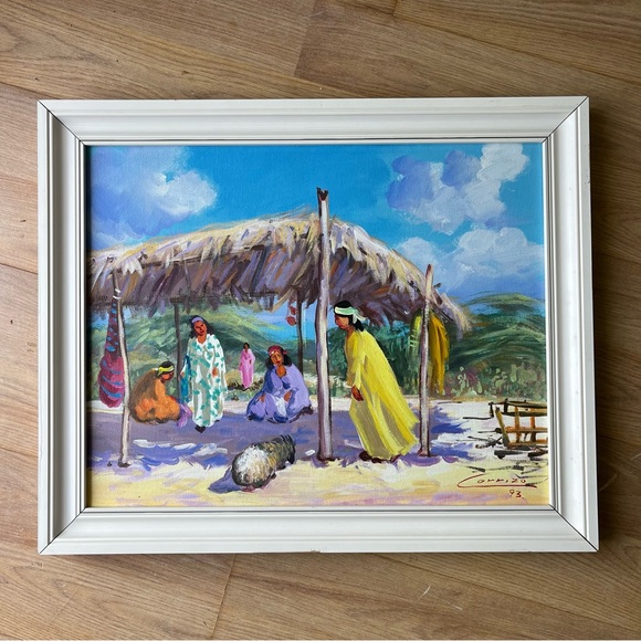 Large Original Vintage Painting Colorful Signed Framed Native Indigenous 90s